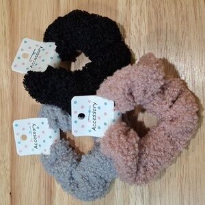 Black, Grey & Pink Fuzzy Hair Scrunchies Set